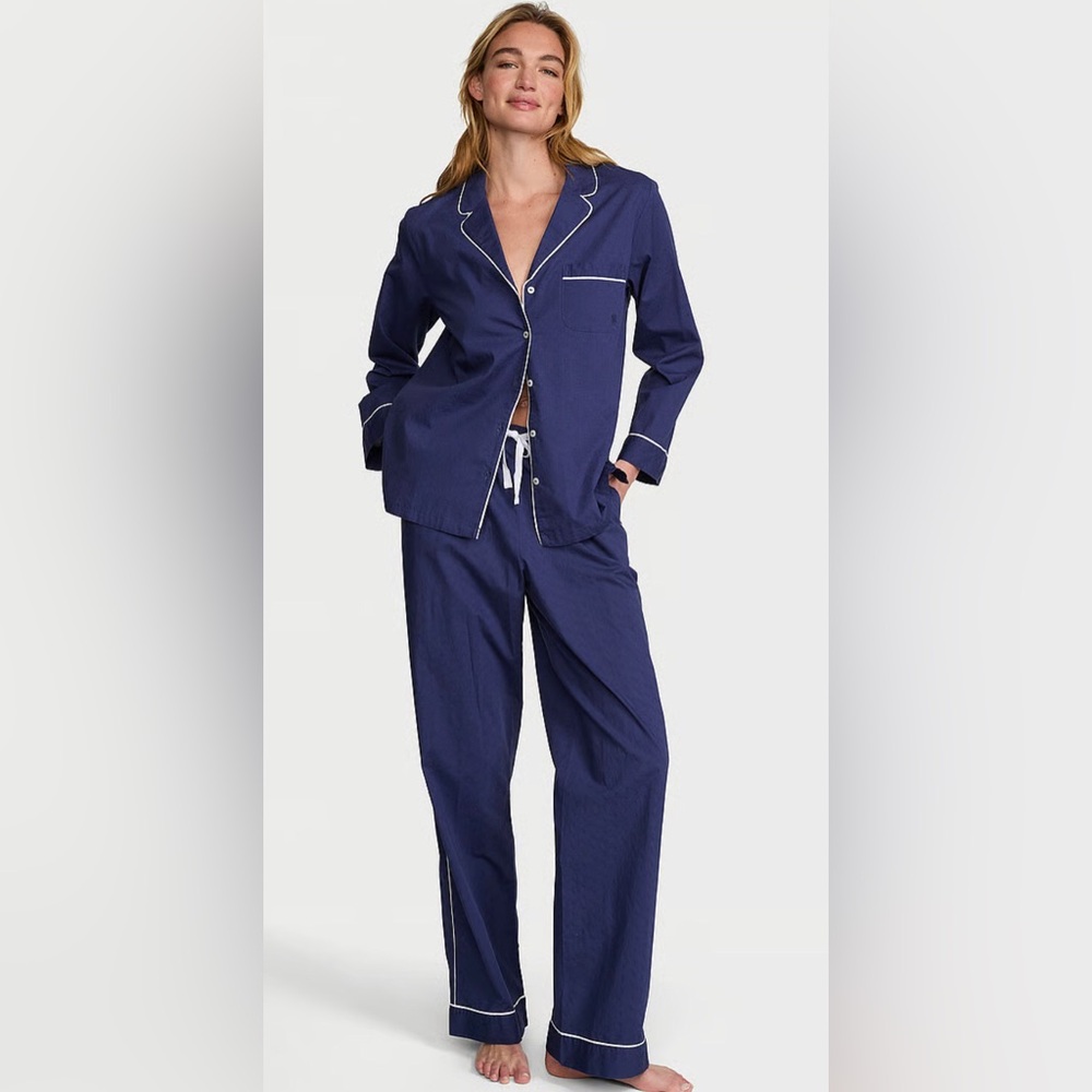 Victoria’s Secret Heritage Cotton Long Pajama Set Ink Blue Regular Length